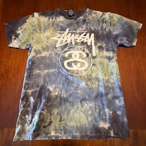 Stussy Tie Dye Logo T Shirt Blue Green White SS Link Graphic Size Small
